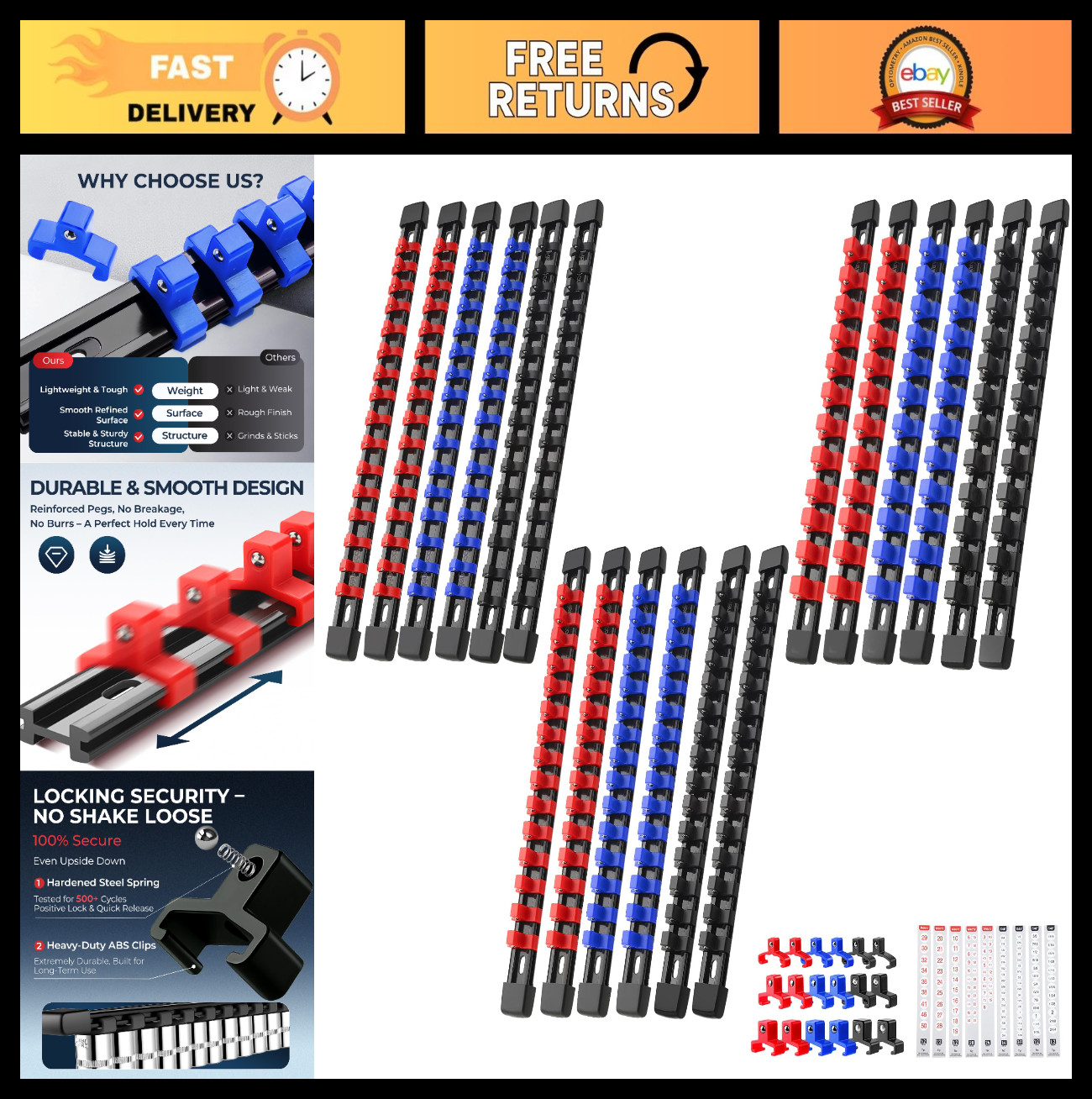 18-Pack Socket Organizer Set - Heavy-Duty ABS, 258 Clip Capacity, Removable Clip