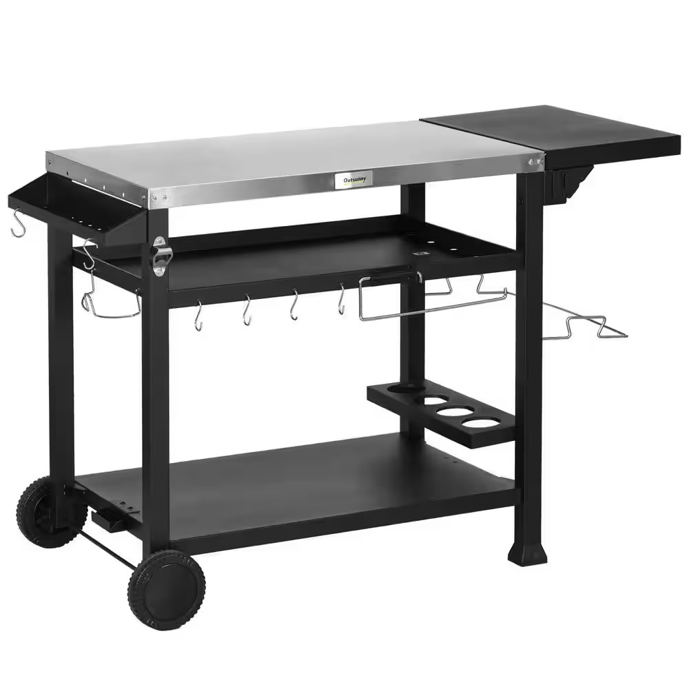 Black Stainless Steel Outdoor Grills Cart Table with 3-Shelf and 2-Wheels