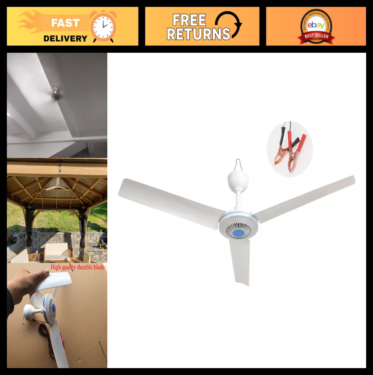 42" 12V DC Solar Ceiling Fan for Outdoor Patio Gazebo - Safe Low Voltage Cooling