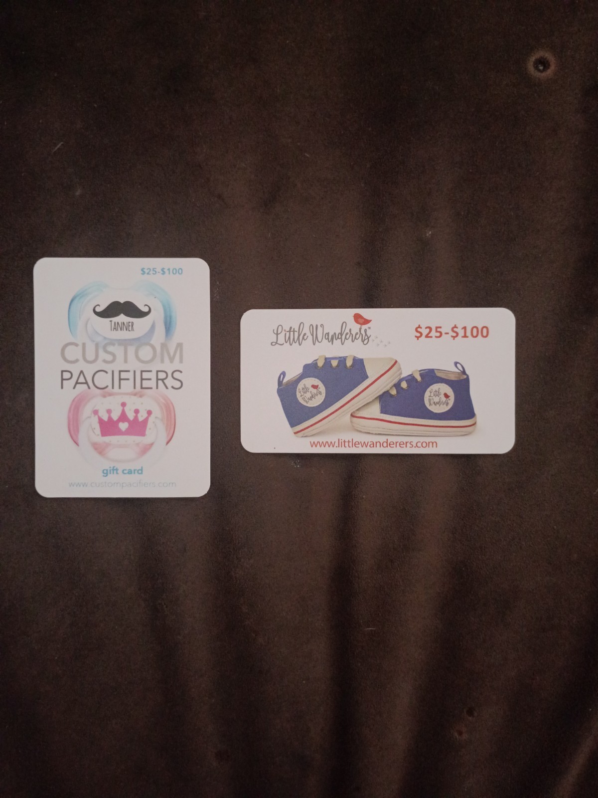 Little Wanderers ($60) and custom pacifiers ($30)  gift cards $40 total obo