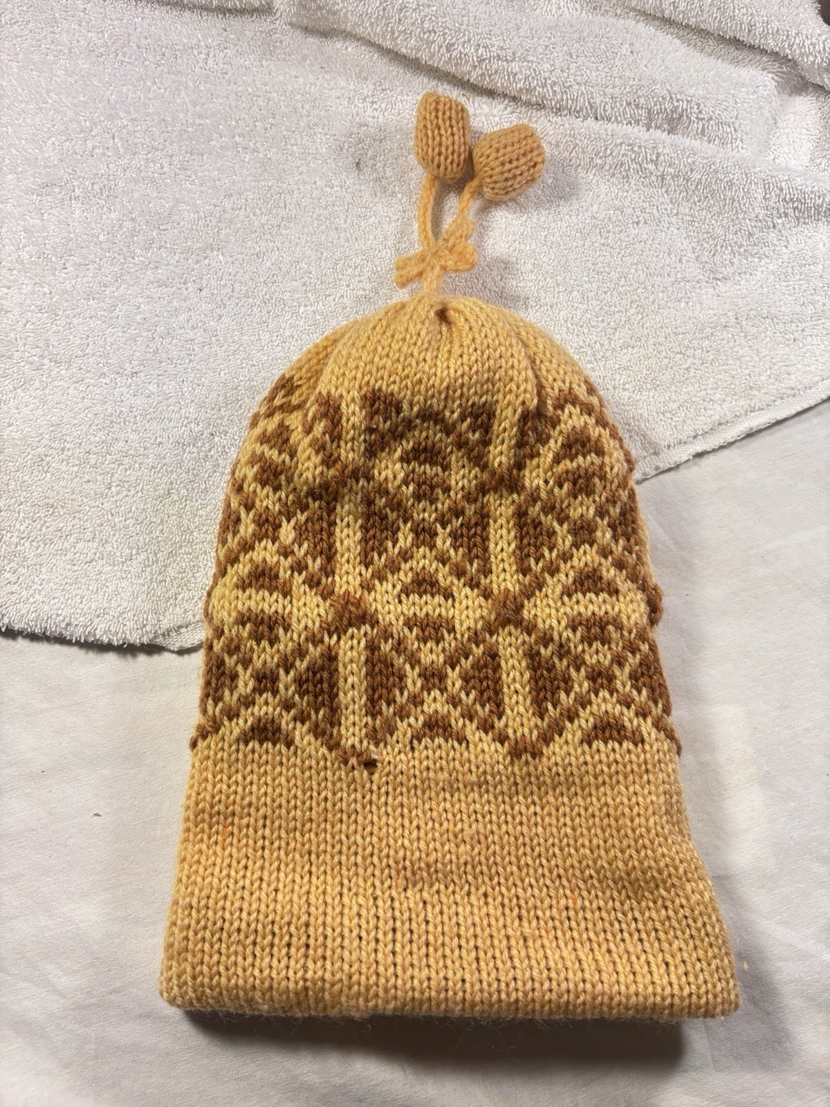 Knitted Brown Gold Man Women Beanie Hanging Design On Top Unbranded