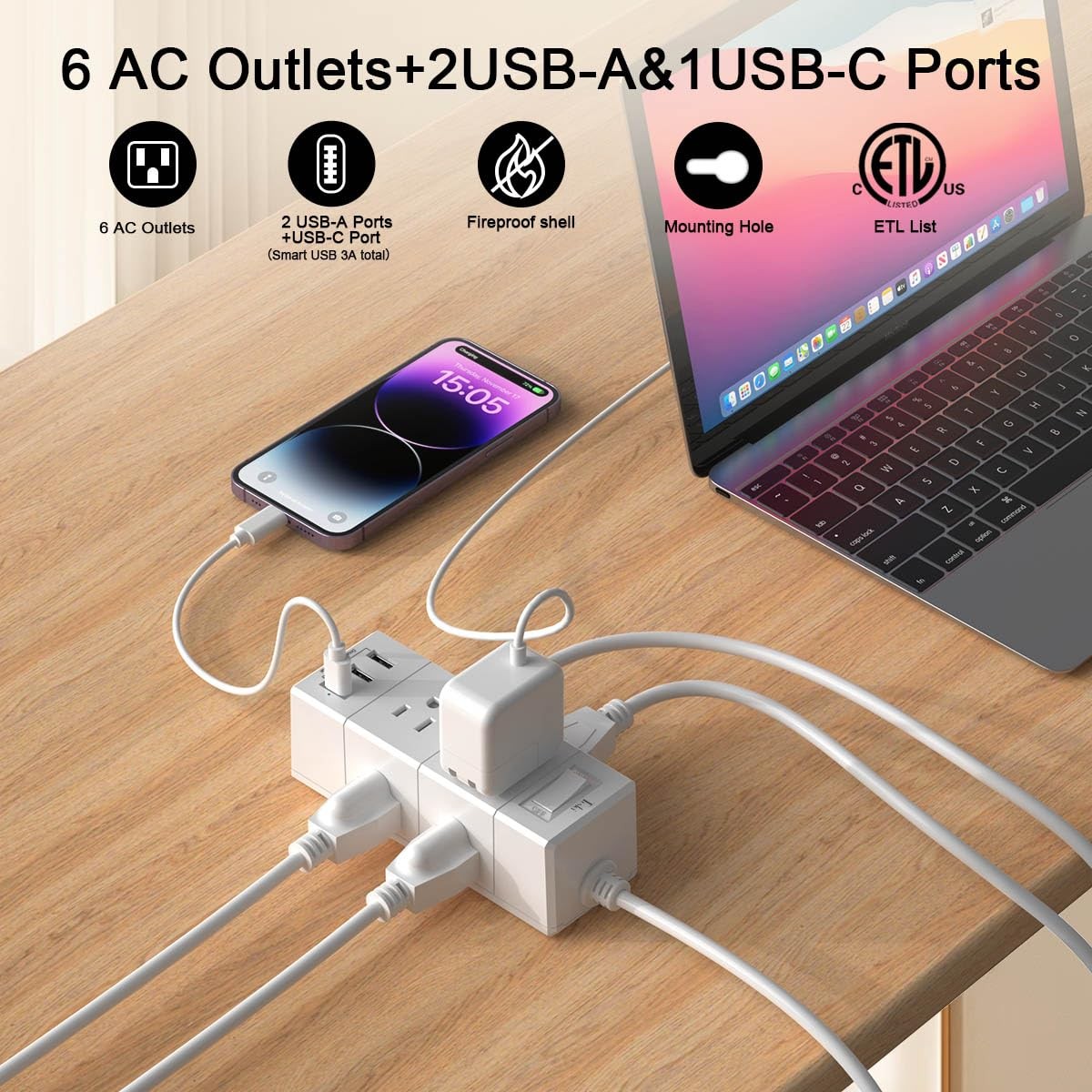 5Ft Outlet Extender Power Strip - Tcstei Flat Plug Extension Cord 5 Ft, White