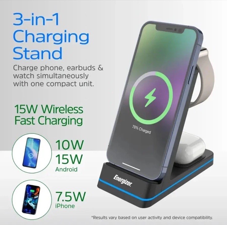 Energizer 3-in-1 15W Qi Wireless Fast Charger Stand with RGB for iPhone AirPods