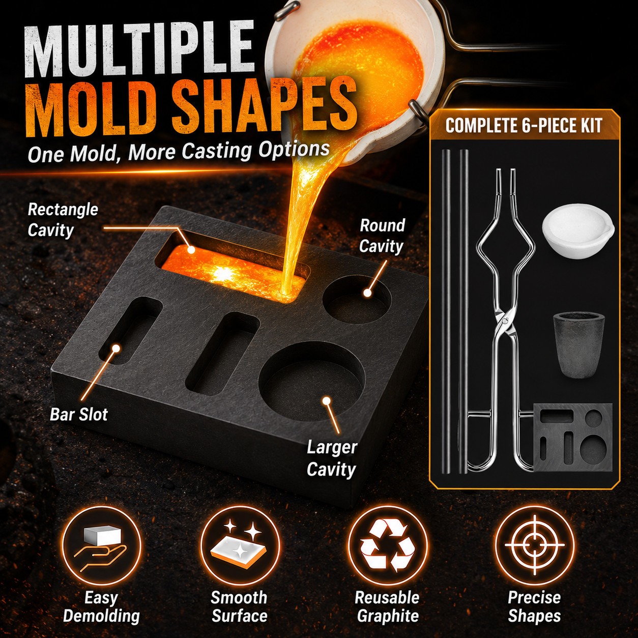 6Pack Graphite Ingot Crucible Mold Combo Torch Melting Gold Silver Copper Tools