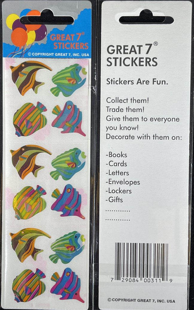 12 packages of Pearly Tropical Fish Stickers, "Great 7" Sticker Designs, PMP4002
