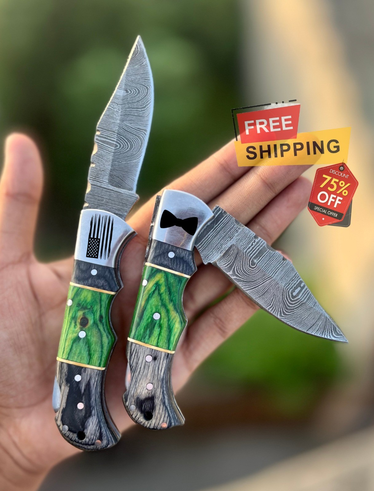 New Custom Handmade Damascus Steel Hunting Folding Knife Wood Hand Gift For Dad