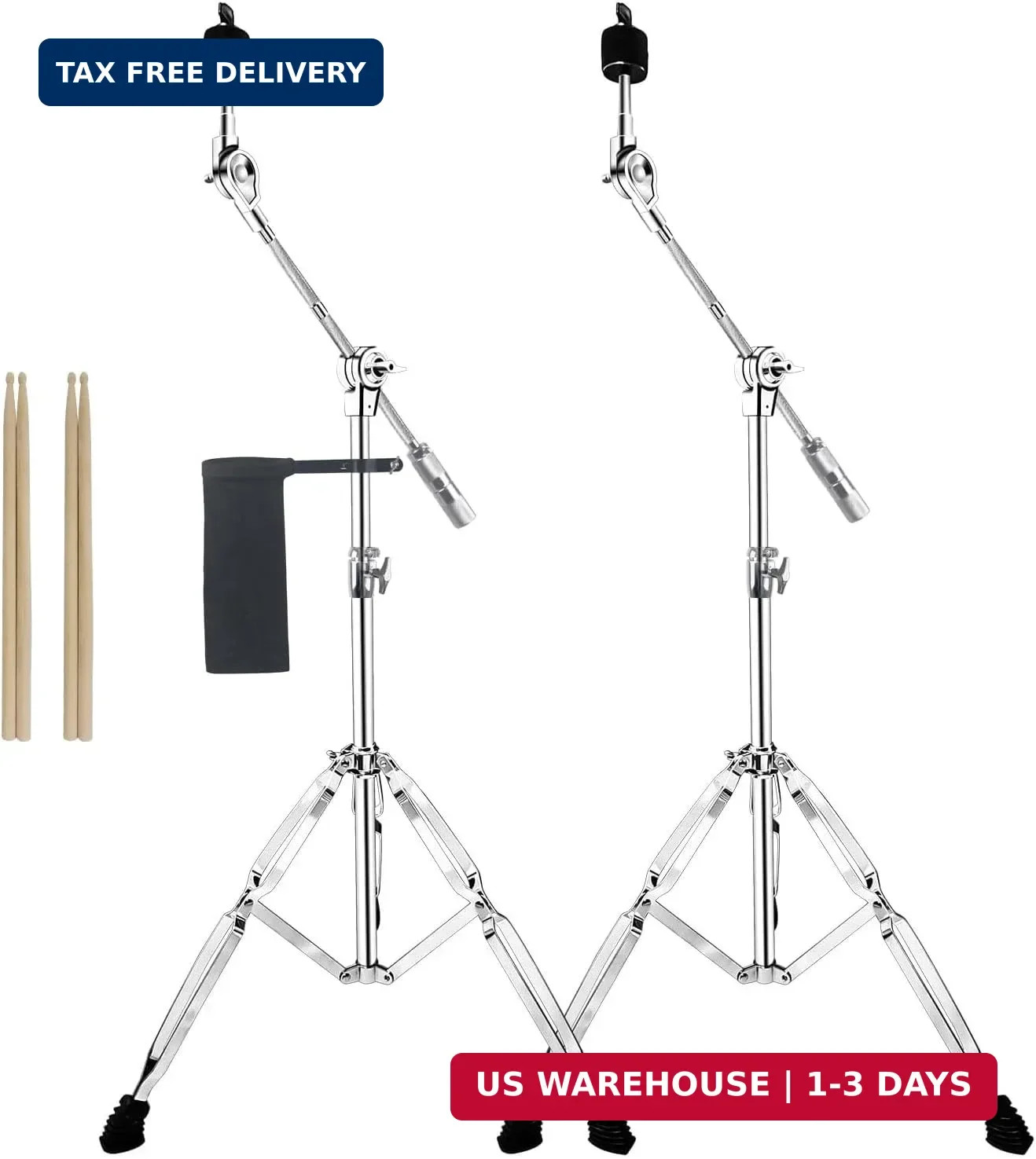 2 Pack Boom Cymbal Stand + Drum Sticks Holder + Two Pair of 5A Drum Sticks, Adju