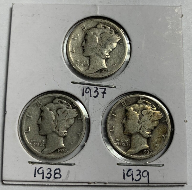 1937 1938 1939 Set of 3 Mercury Dimes 90% Silver in Flip