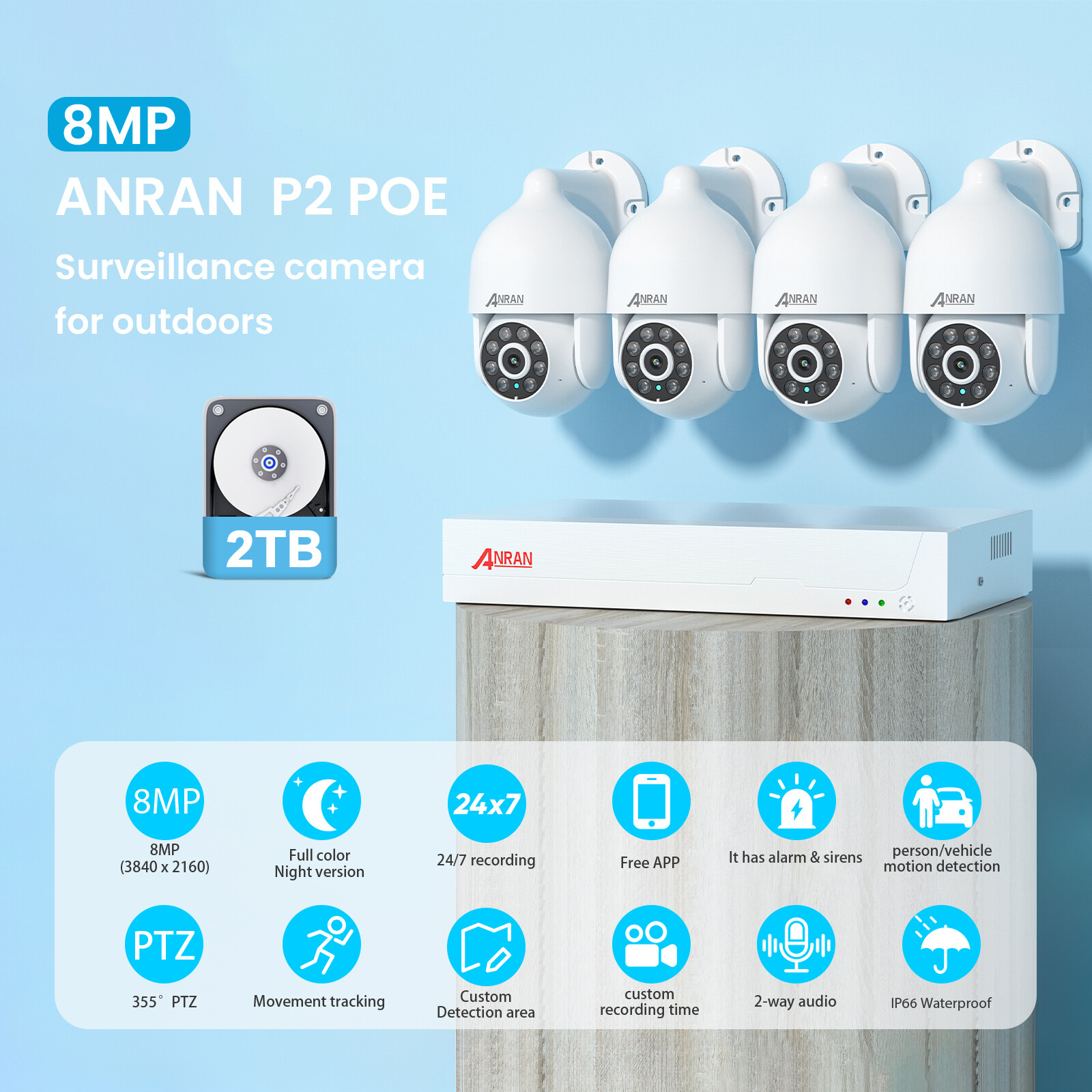 ANRAN Wired POE Security Camera System Outdoor PTZ Motion Detection 8CH NVR Kits