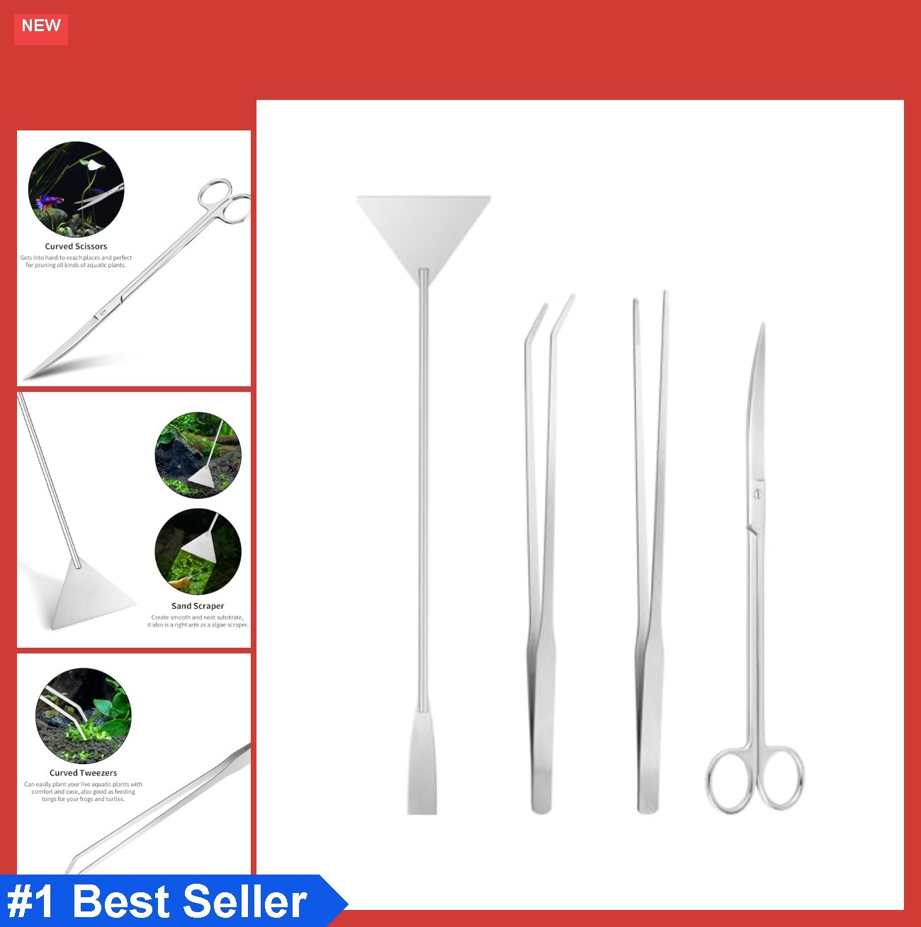 4 Piece Aquarium Tool Kit Stainless Steel Scissors Tweezers Feeding Tongs