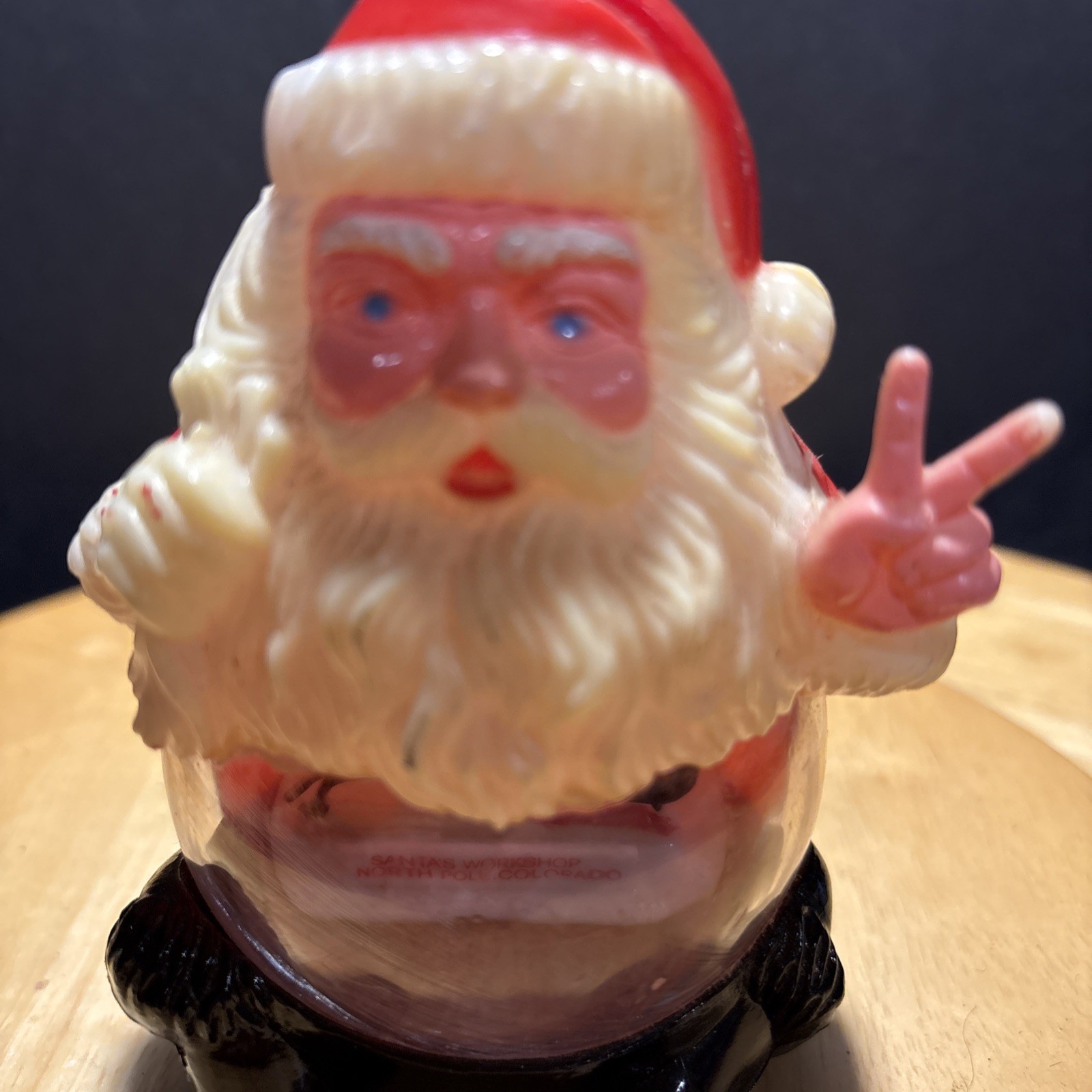 Vintage 60s 70sHard Plastic Snowdome Snow Globe Santa Claus Flashing Peace Sign