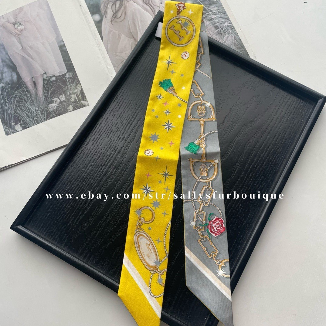 Sallys 18 Momme Twill Silk Scarf Ribbon Skull Print Hair Bag Neck Tie 85*5cm