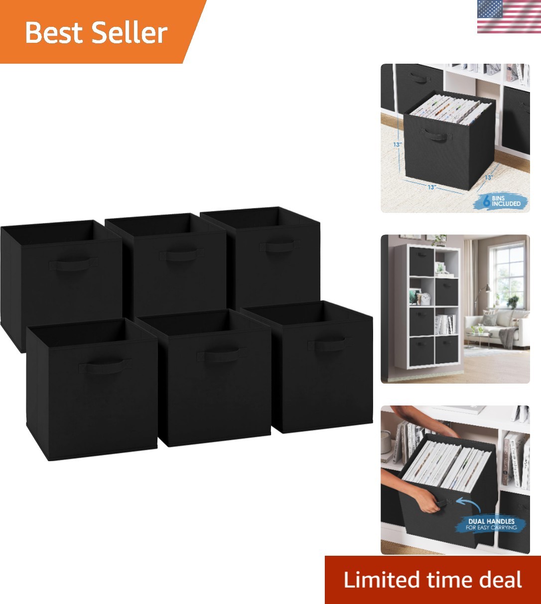Stylish 6 Count Heavy Duty Black Fabric Storage Cubes for Home Organization