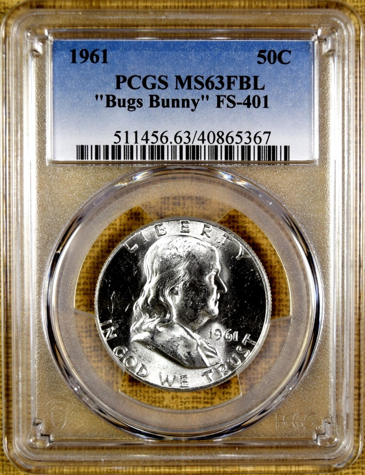 1961 PCGS MS63 FBL FS-401 Bugs Bunny Franklin Half Dollar - 100% Blazing White