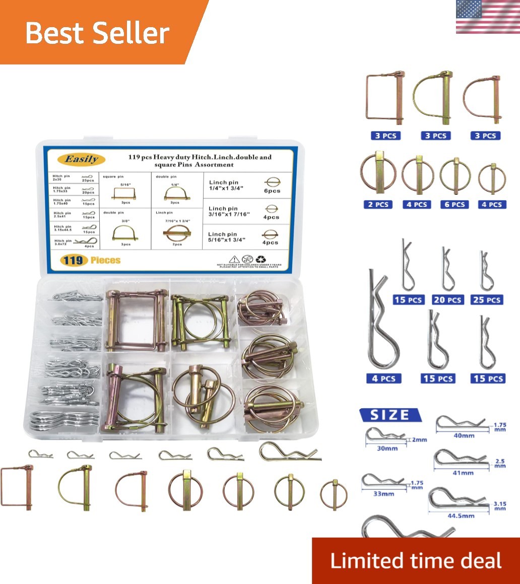 Hitch Pins & Cotter Pins Kit - 119 Assorted Pins for Garage & Equipment