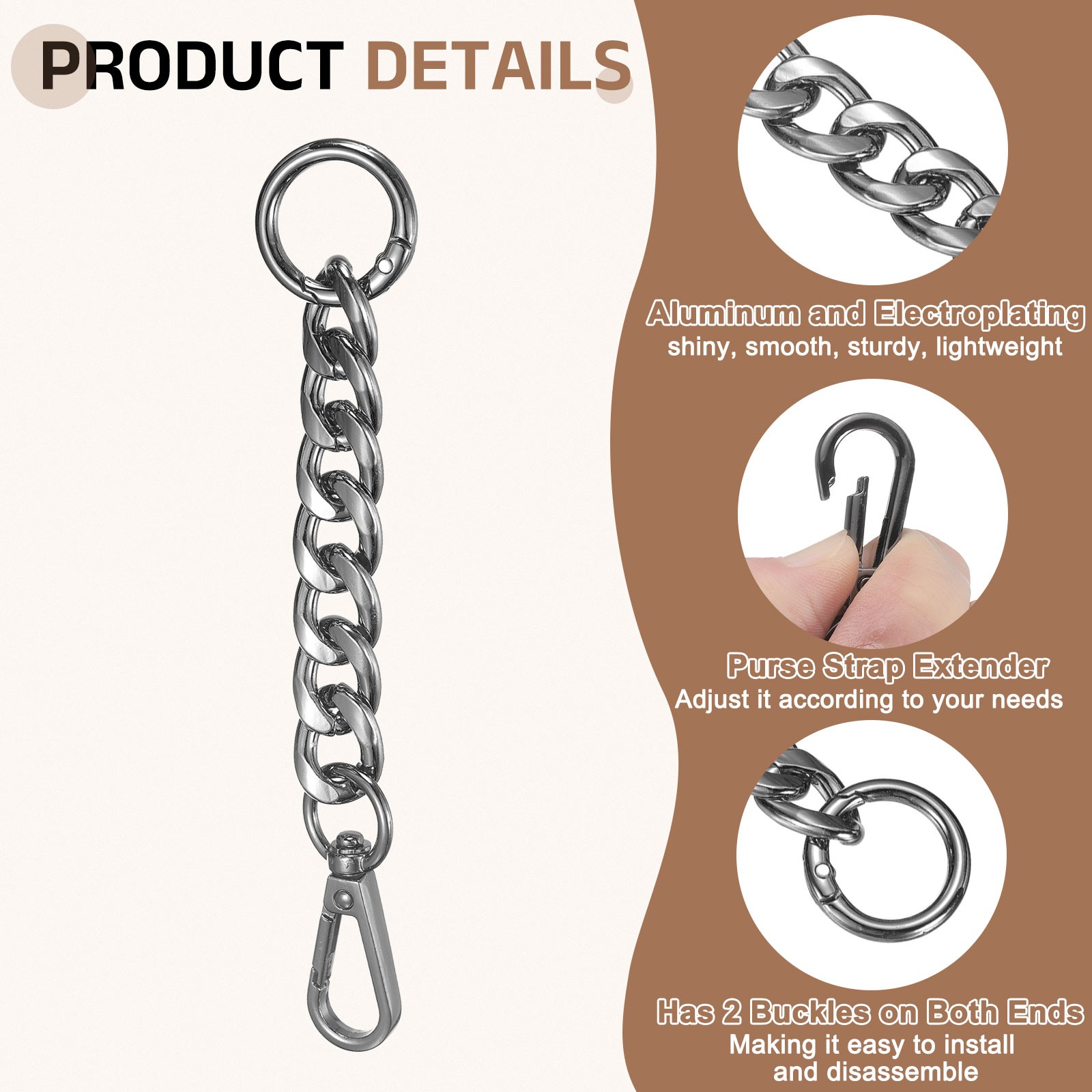 2Pcs Purse Strap Extender 5.9-Inch, Bag Extender Chain Black Grey, 0.6 Width