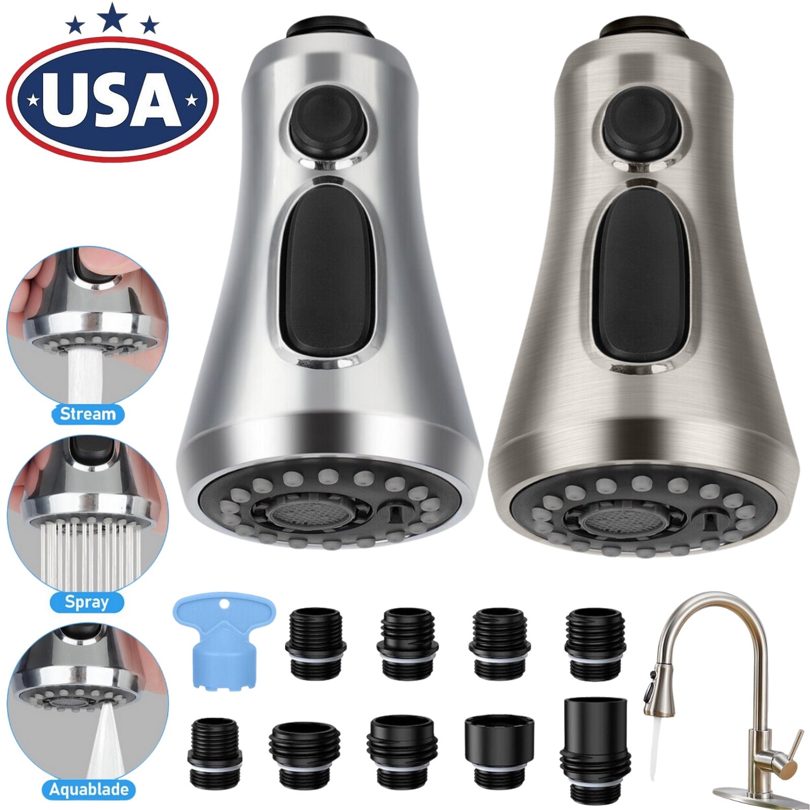 Kitchen Faucet Spray Head 3-Mode Pull Down Out Nozzle Sprayer Replacement Parts