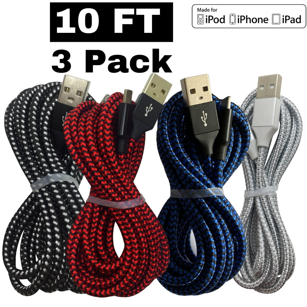 3 Pack USB Fast Charger Cable 10 FT Charging Data Sync Cord For iPhone iPad iPod