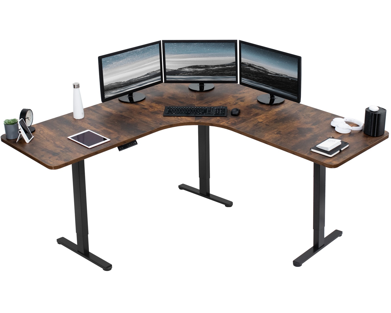VIVO Rustic Vintage Brown / Black Electric 71" x 71" Curved Corner Stand Up Desk