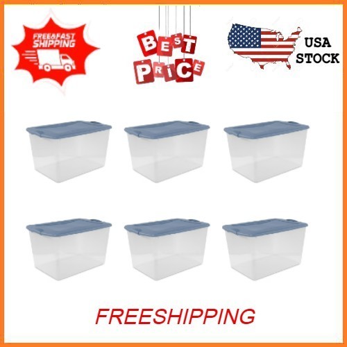 Sterilite Large Storage Bin 66Qt Clear Plastic Storage Container Latch Lid 6 Cts