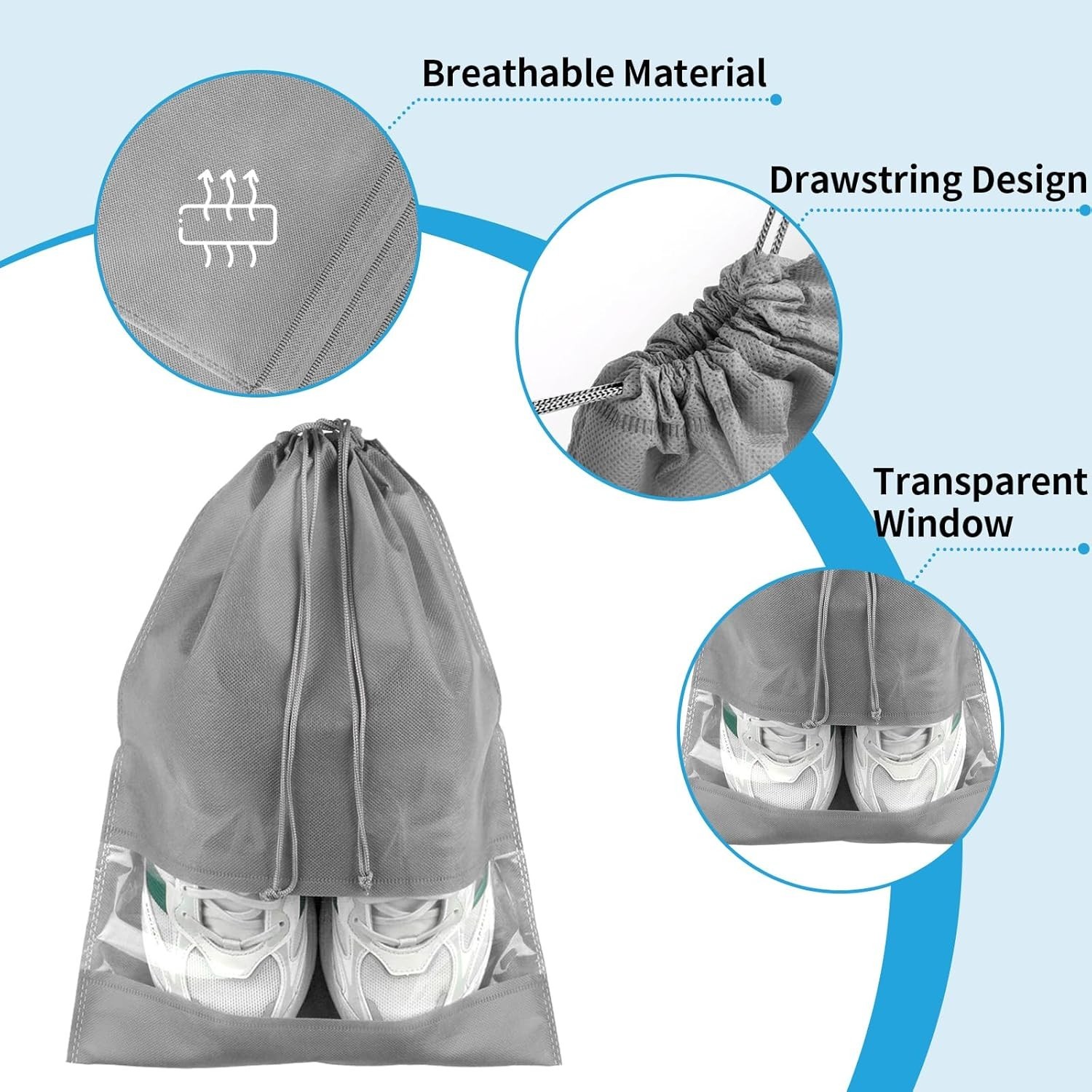 5-Pack Large Travel Shoe Bags – Gray Drawstring Storage with Clear Window