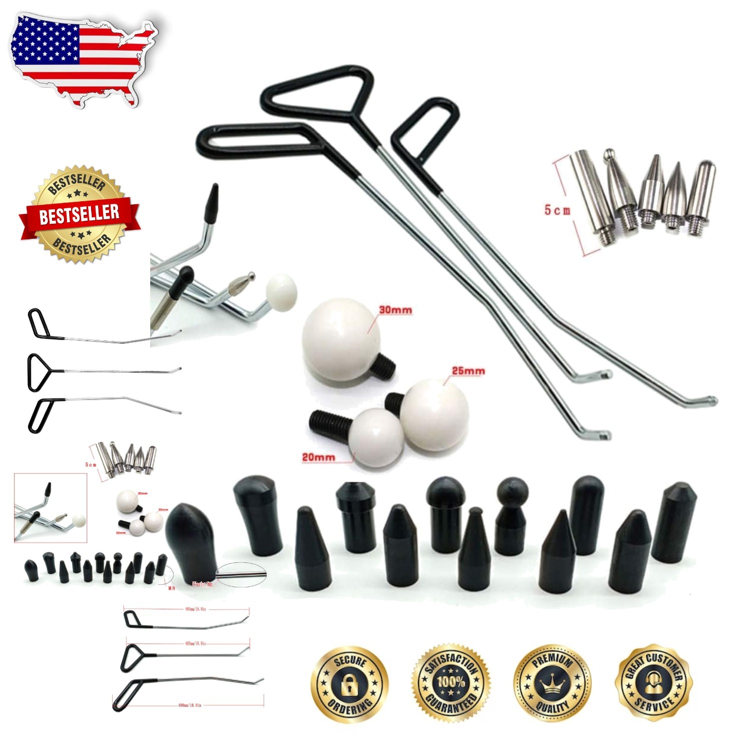 Dent Repair Kit 6pc Stainless Steel Rods + 20 Awl Heads for Auto Dents