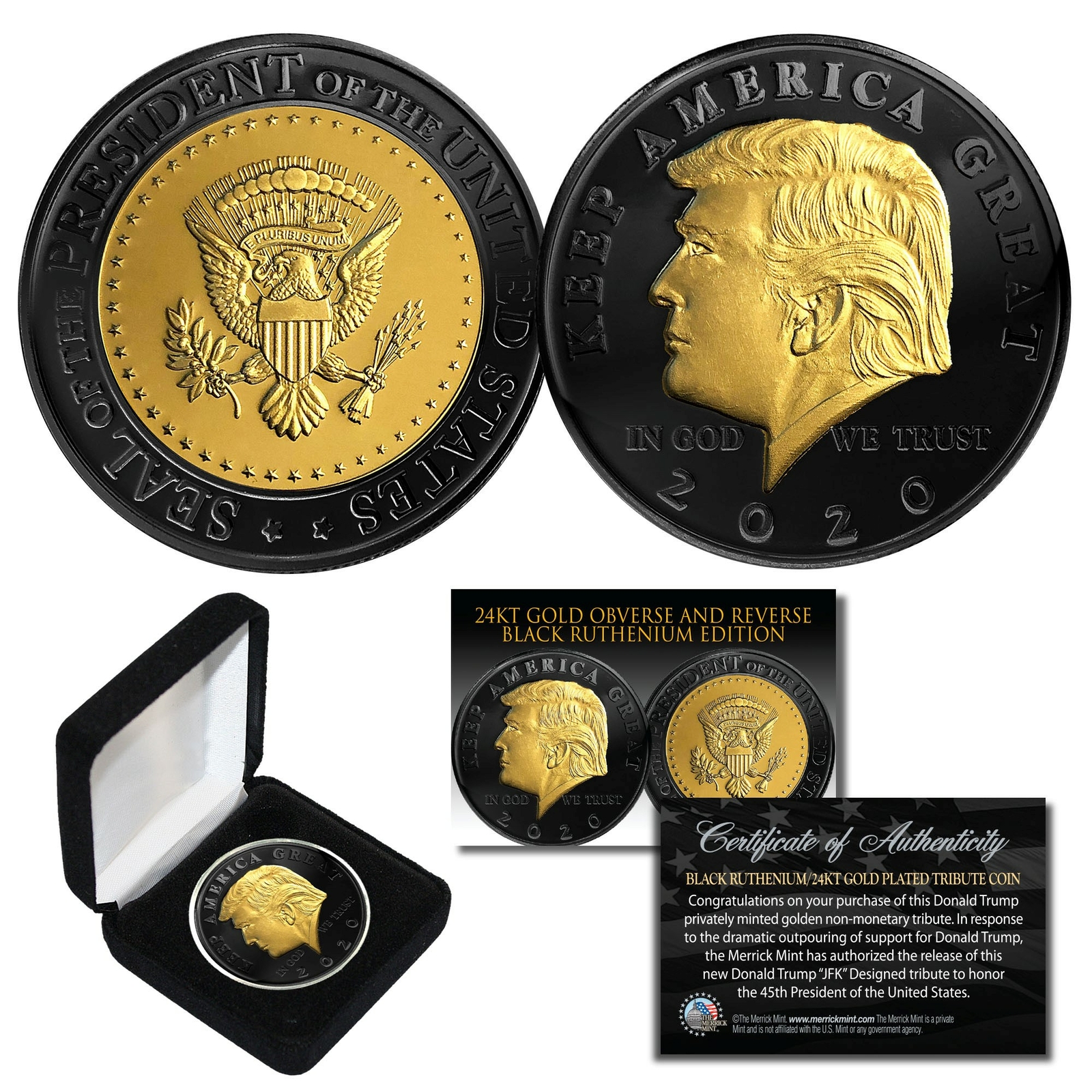 DONALD TRUMP 2020 BLACK RUTHENIUM 24K GOLD Medallion Coin wBOX