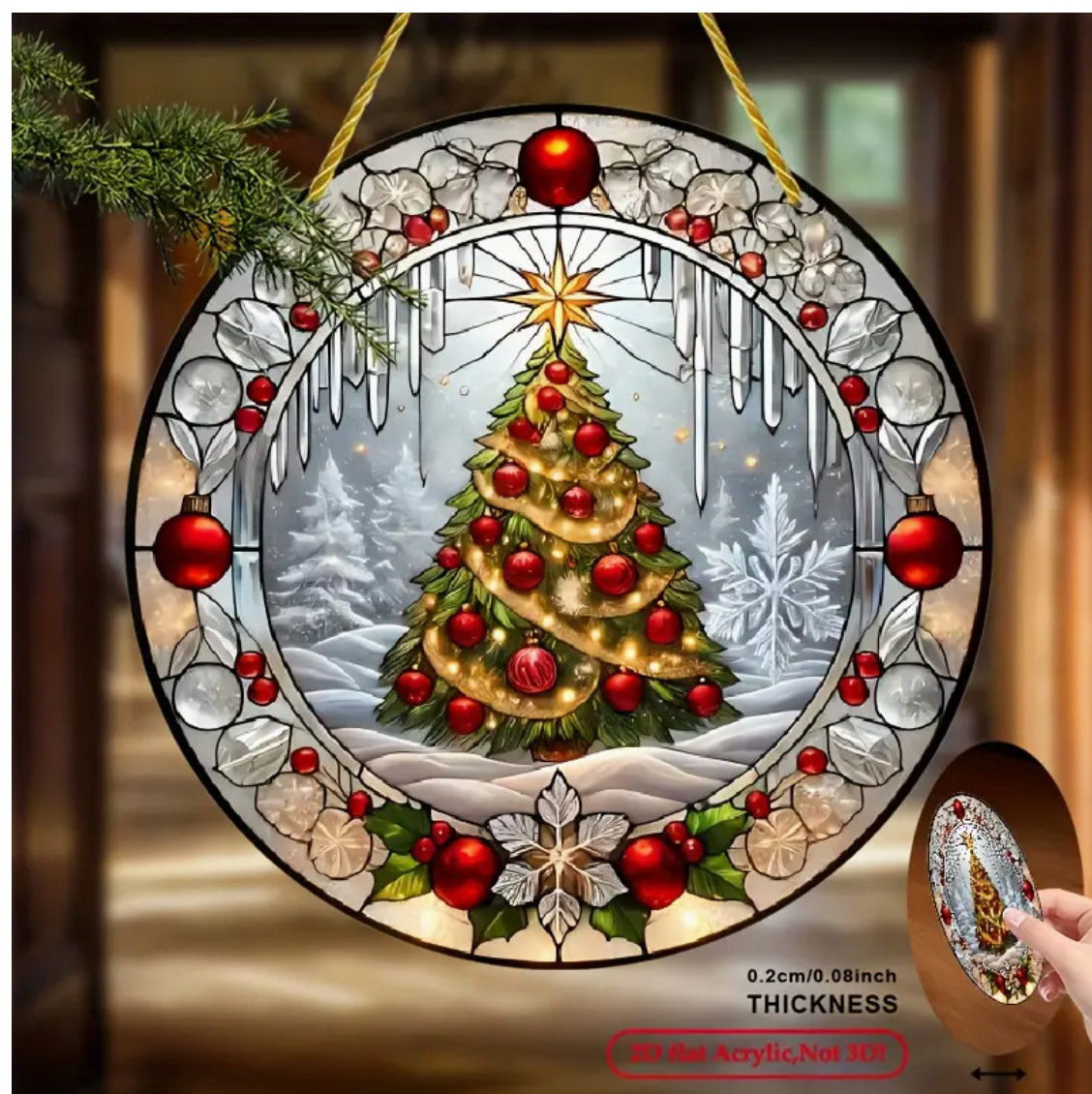 Large Snowy Christmas Tree Stained Glass Look Suncatcher, Acrylic, 8"
