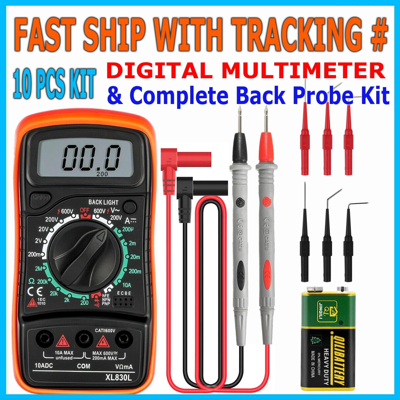 Digital Multimeter AC DC Voltmeter Ammeter Ohmmeter Back Probe Test Leads