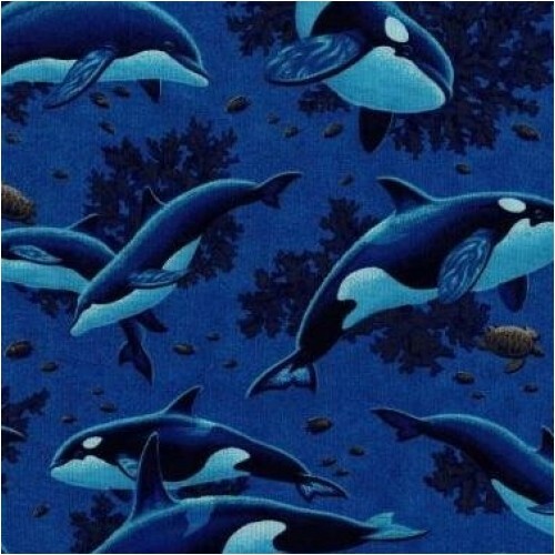100% Cotton Fabric Fat Quarter Whales, Dolphins Print 18" X 21"
