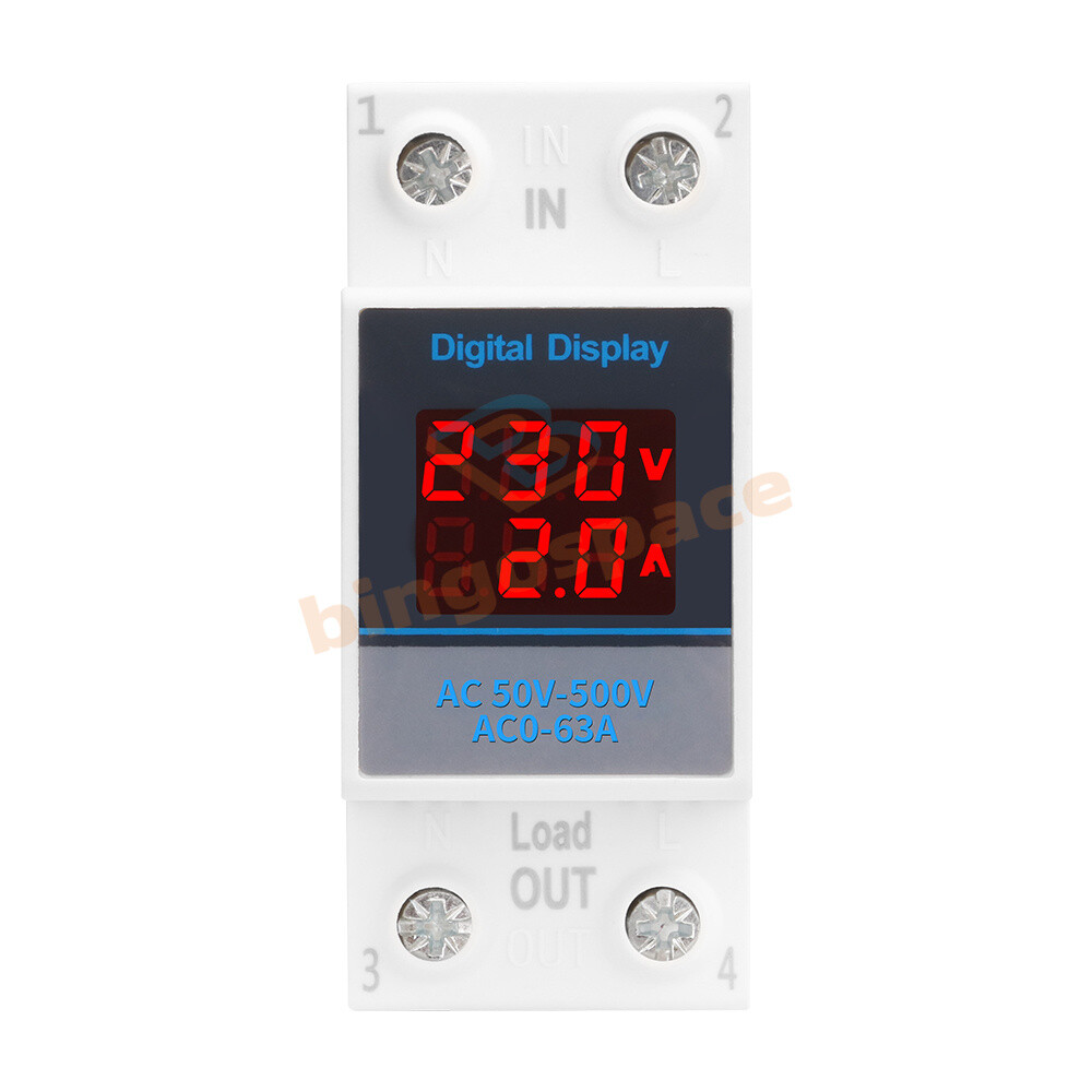 Single-phase Voltage Current Meter AC50-500V 63A DIN Rail Digital Voltmeter US