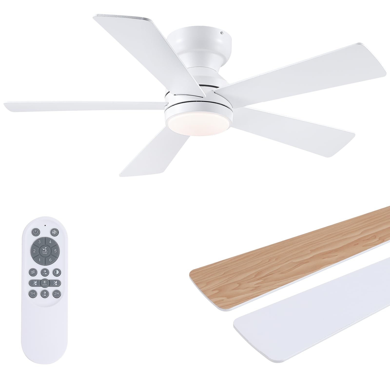 46" Flush Mount Ceiling Fan with Lights - White Modern Fan Light with Reversi...