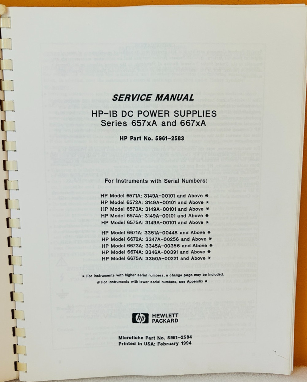 HP 5961-2584 1994 HP-IB DC Power Supplies Series 657xA / 667xA Service Manual.
