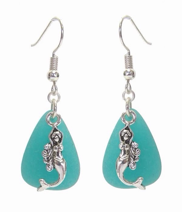 Mermaid Sea Glass Drop Hook Earrings Beach Jewelry for Women Silver Plated New