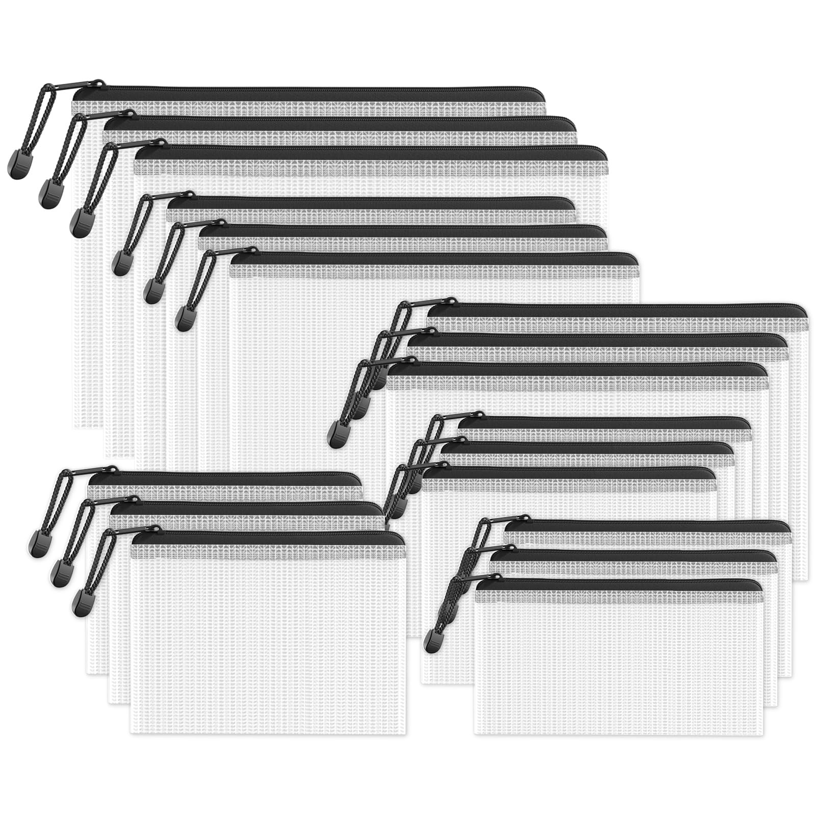 Multisize Plastic Zipper Pouches (Black, 18 Packs), Water-Resistant Zip Bag f...