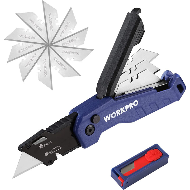 WORKPRO Folding Utility Knife Quick Change Box Cutter w/13PC Blade Red/Blue/Pink