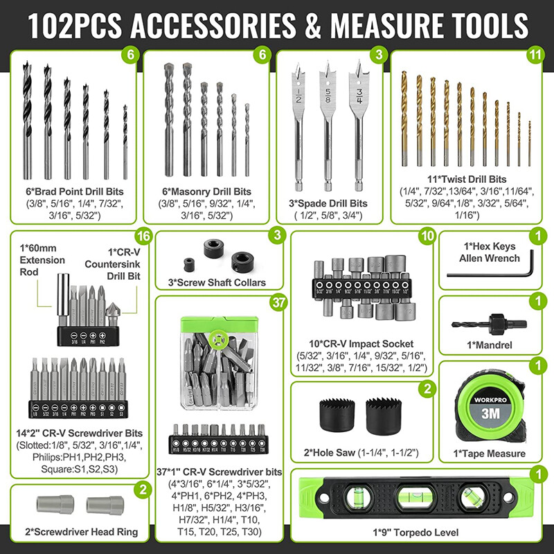 WORKPRO 20V 1/2'' Chuck Impact Drill Kit Impact Drill Driver Tool w/Accessories