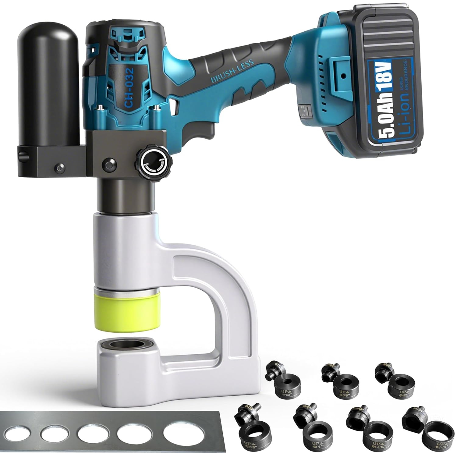 Electric Hydraulic Hole Puncher – Max 16GA Steel/10Ga Iron, with 1/2" to 1-1/4"