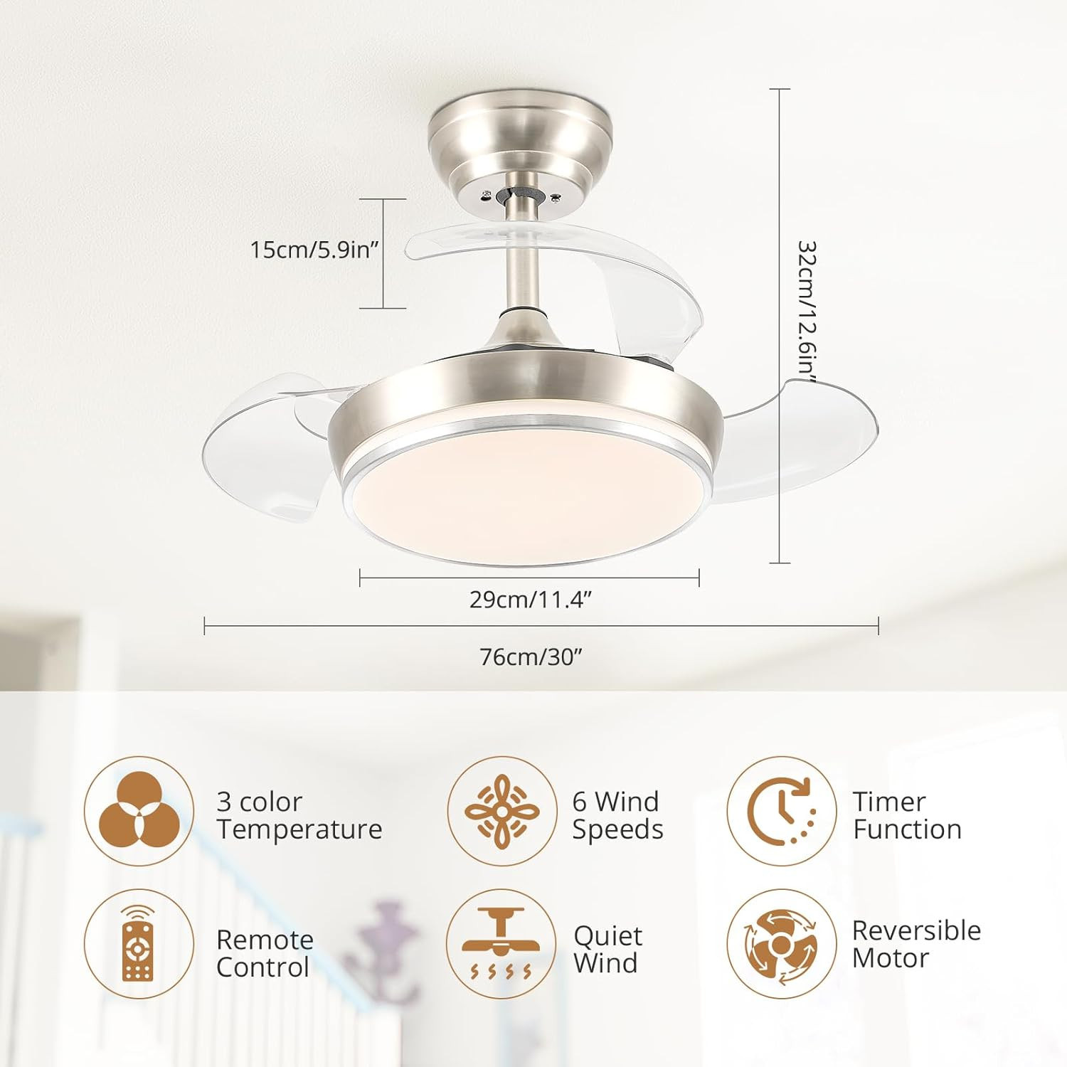 30" Retractable Ceiling Fan with Dimmable LED Light & Remote, 6 Speeds, Brushed