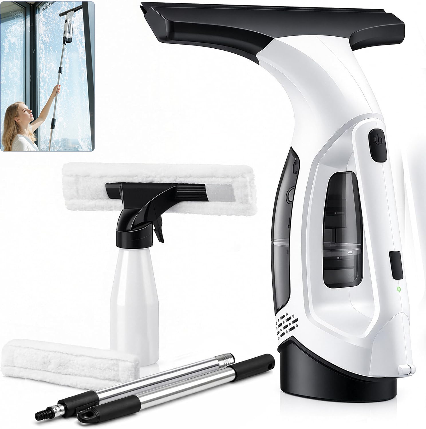 Window Vacuum Squeegee Cordless with Extension Pole,Electric Window Cleaner Tool