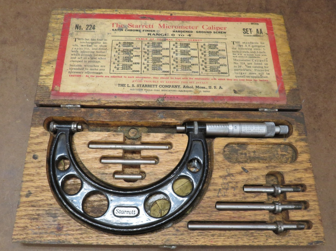 Starrett No. 224 Micrometer Set 0-4" Set AA w/ Case Machinist Tool USA