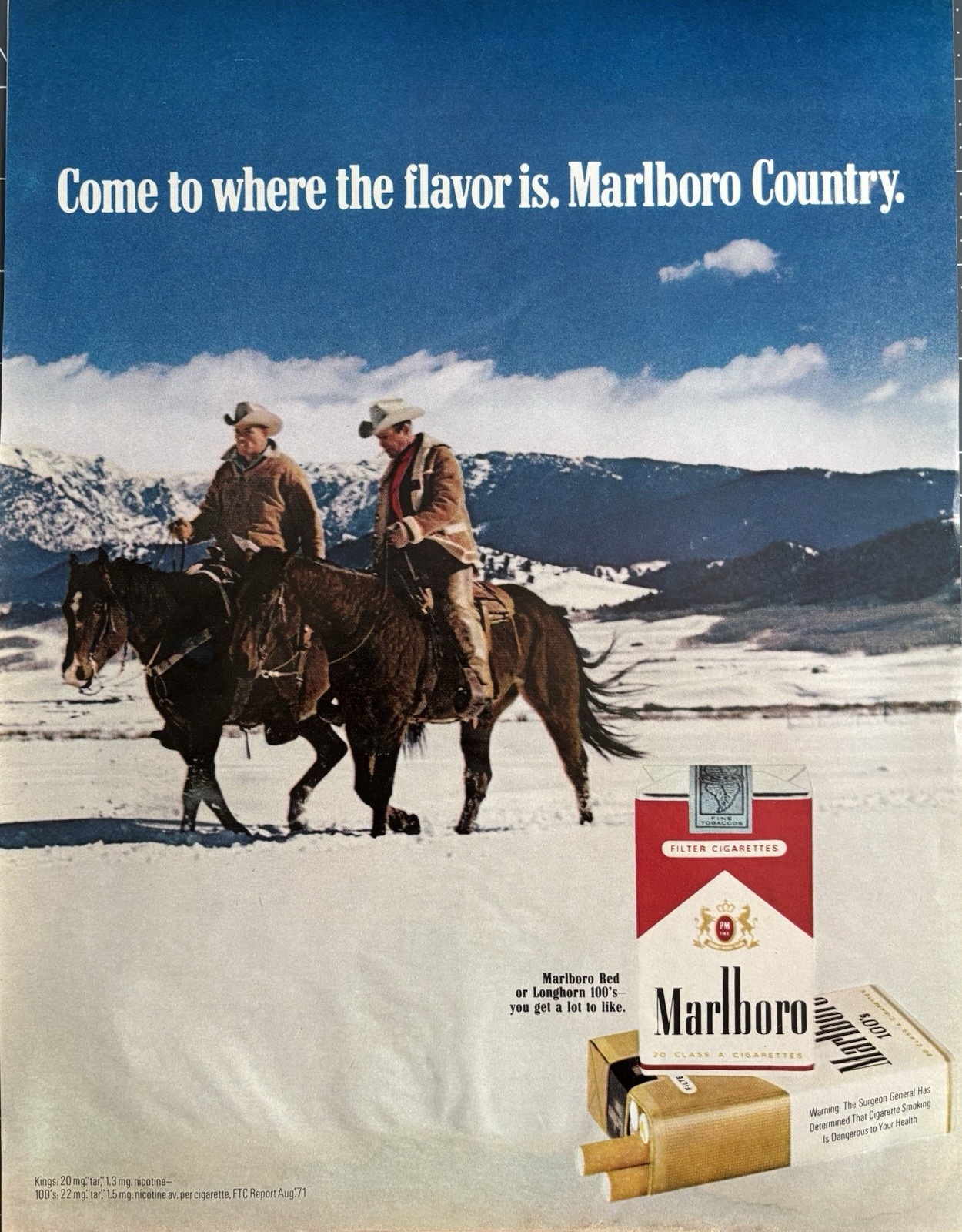 1971 Marlboro Cigarettes Original Vintage Advertisement Cowboys Snow Print Ad