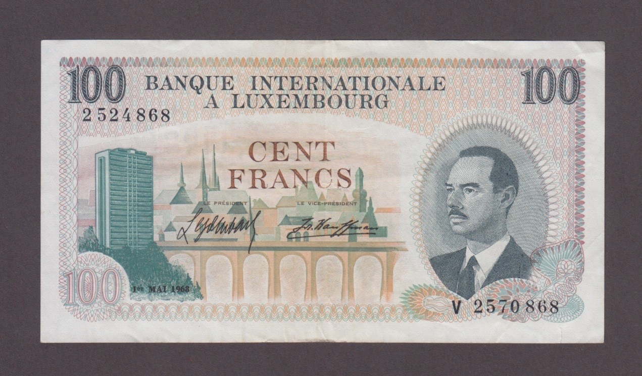 LUXEMBOURG P.14-4868 BANQUE INTERNATIONALE  100 FRANCS 1968 PFX V CRISP-VF+ 2607