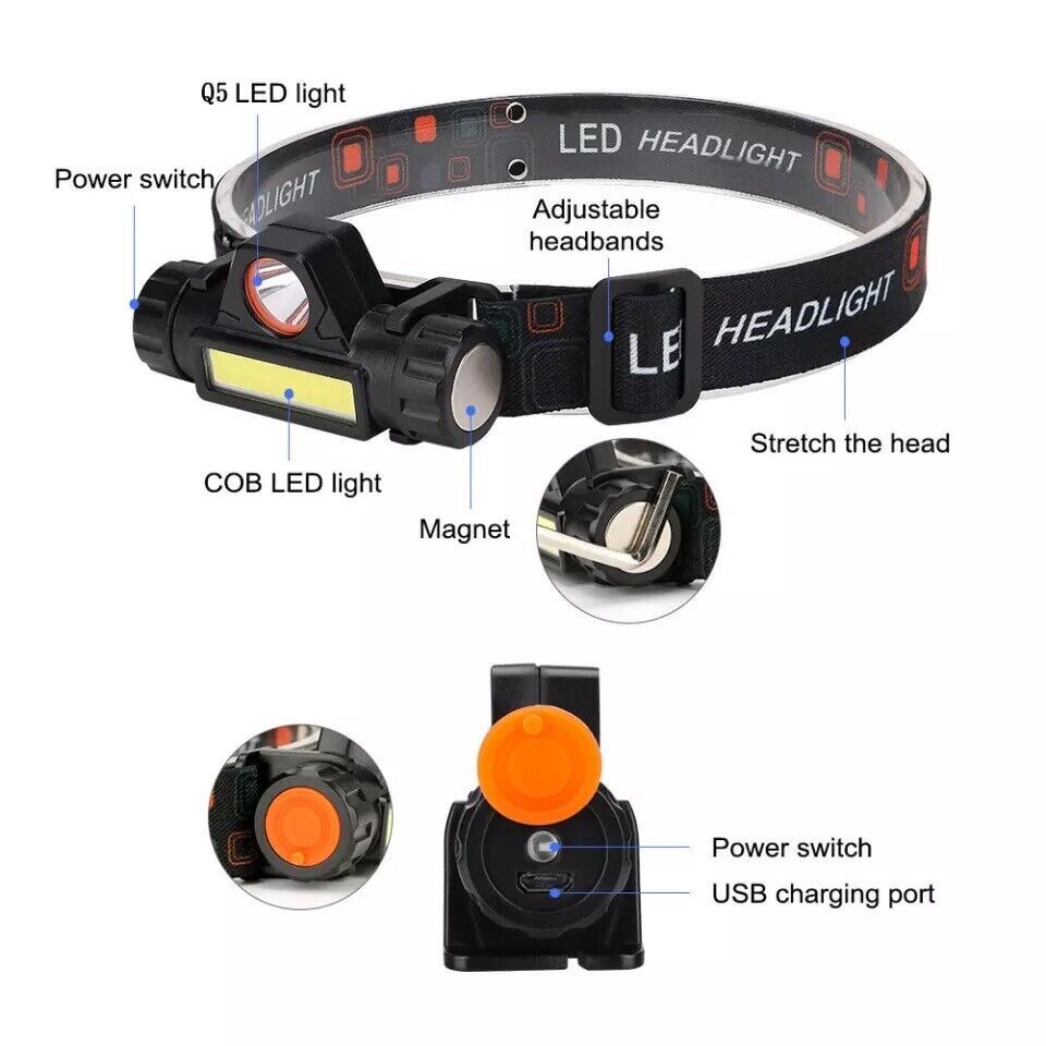 2 Pack USB Rechargeable Waterproof LED Headlamp Headlight Head Light Flashlight