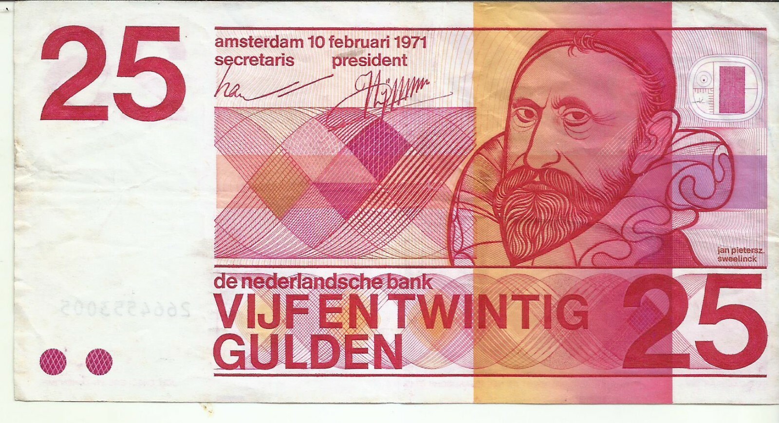 NETHERLANDS 25 GULDEN 1971. VF CONDITION. 9RW 30DES