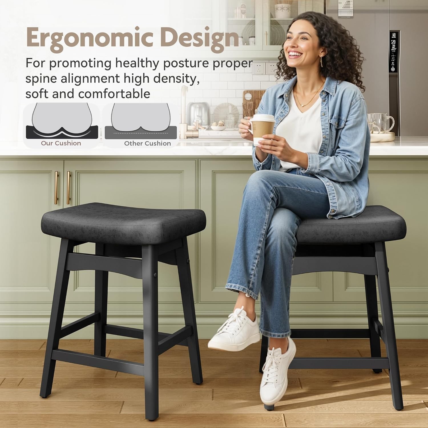 Saddle Bar Stools Kitchen Counter Height Dining Pub Chairs with Solid Wood Leg