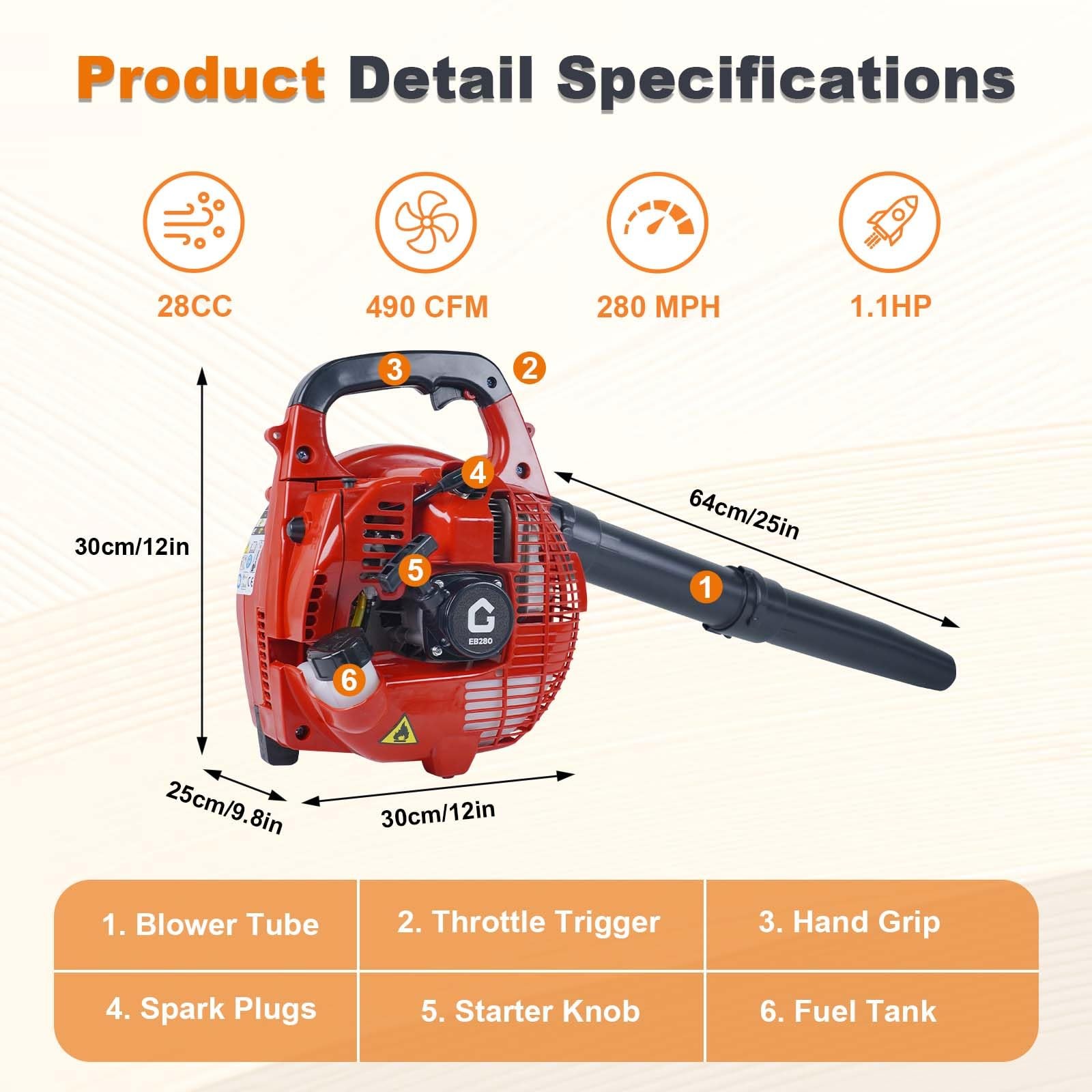 Handheld Gas Leaf Blower Powerful 28cc 2-Cycle Engine 490 CFM Air Volume 80 MPH