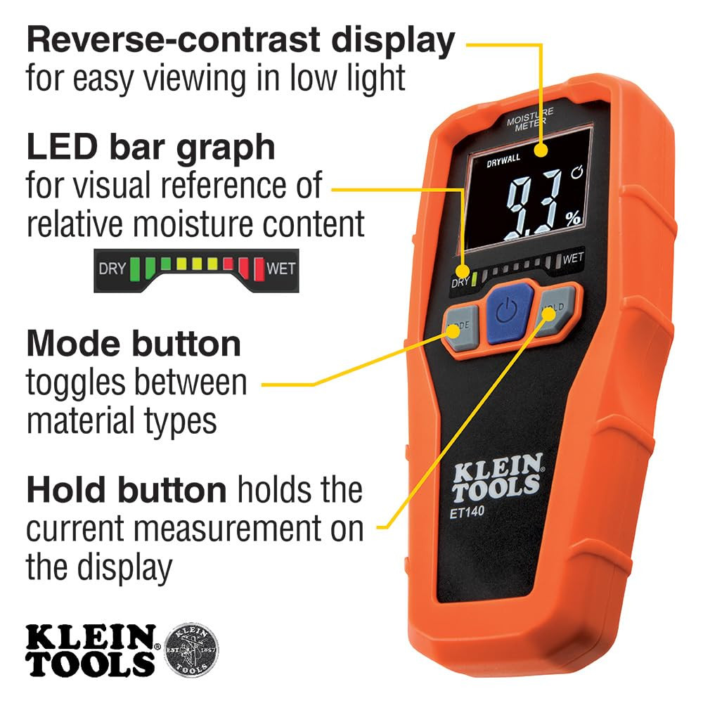 Klein Tools ET140 Pinless Moisture Meter for Non-Destructive Moisture Detection