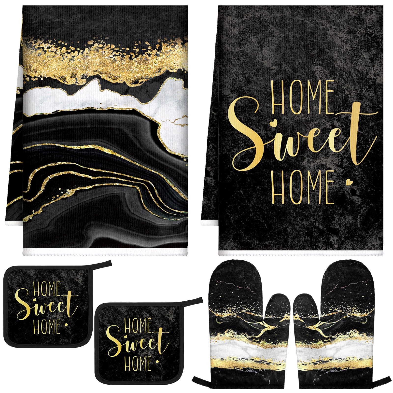 Bencailor 6 Pcs Marble Kitchen Decor Gold Pot Holders Oven Mitts 2 Dish Towels 2