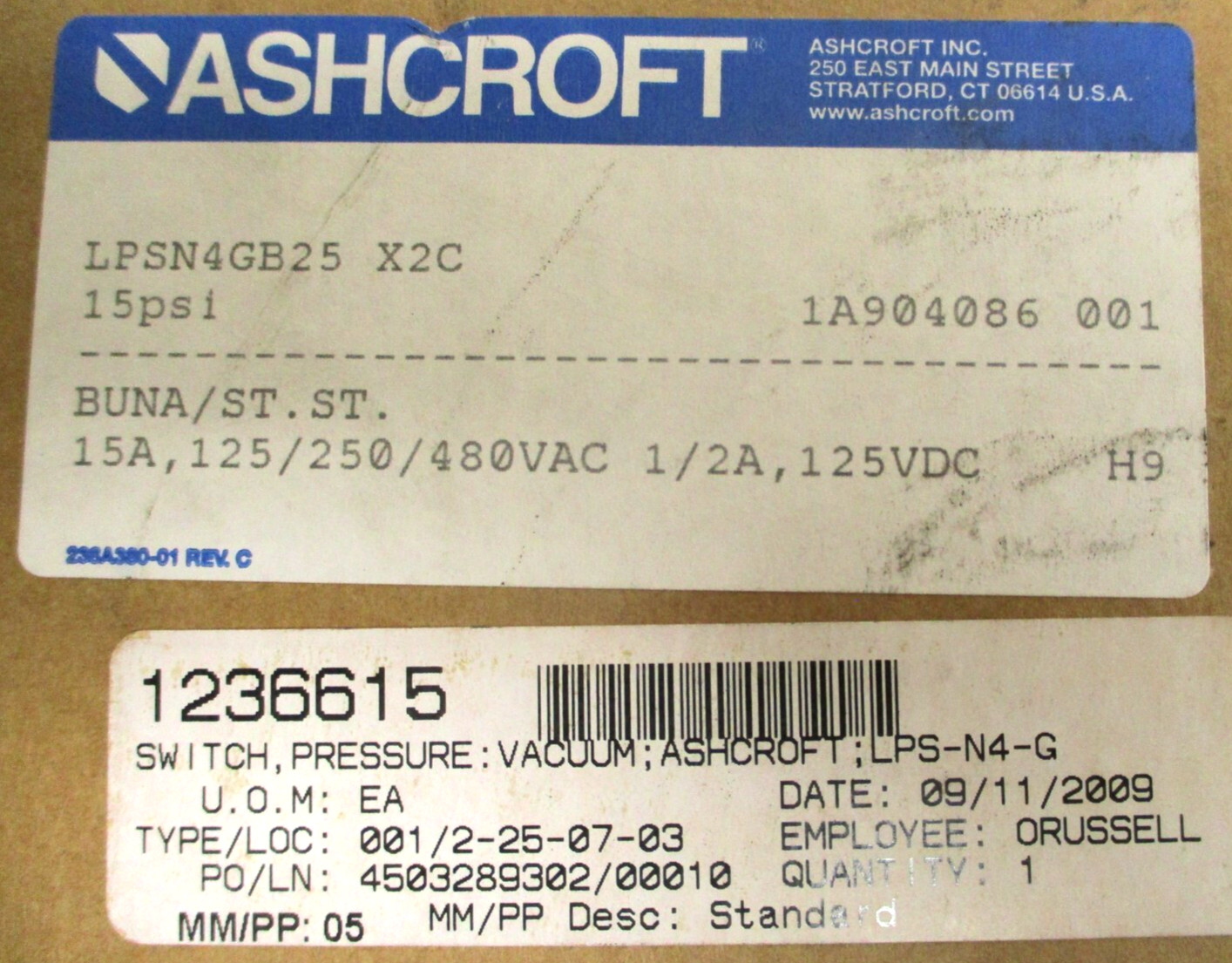 ASHCROFT , LPSN46825-X2C , PRESSURE SWITCH , RANGE : 15-PSI , SURPLUS
